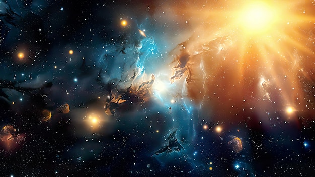 un cúmulo de estrellas con estrellas y nebulosa en el fondo