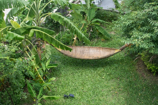 Cuna de bambú en el jardín.