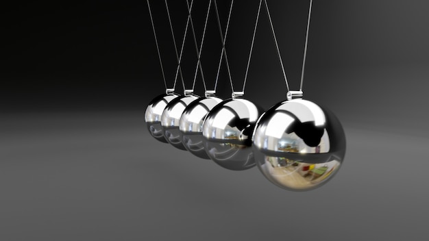 Foto cuna de newton con péndulo de equilibrio de bolas de metal plateado que cuelgan de fondo aislado con sombras. render 3d