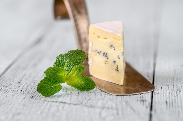 Cuña de queso azul bajo una corteza de moho blanco