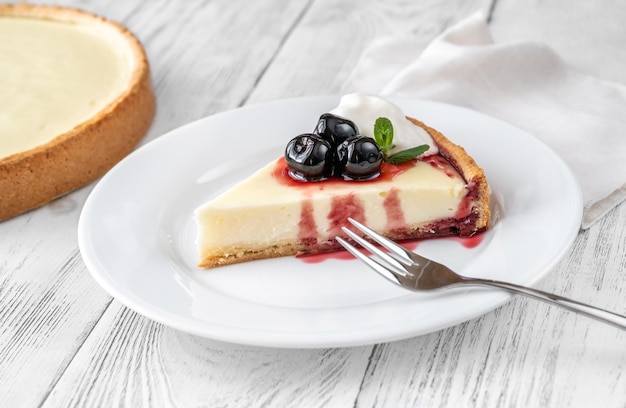 Cuña de tarta de queso tradicional con cerezas amarena en el plato