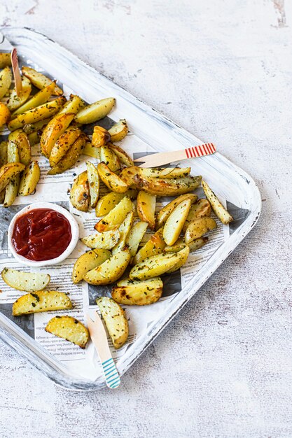 Cuñas de papa con salsa de tomate en una bandeja