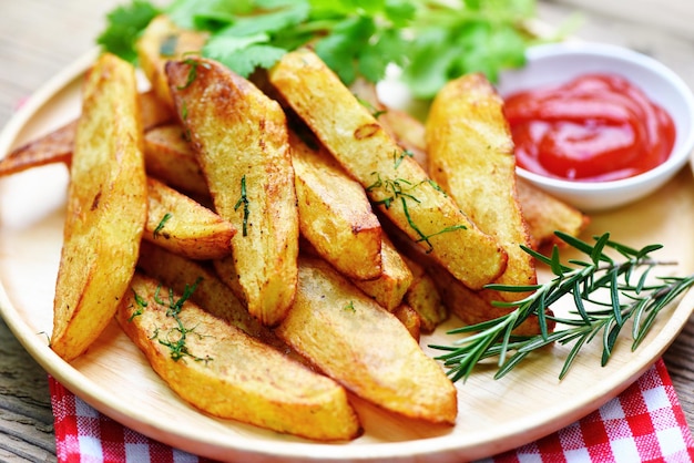 Cuñas de patata en plato de madera con hierba de romero y salsa de ketchup de tomate Cocinar papas fritas o patatas fritas