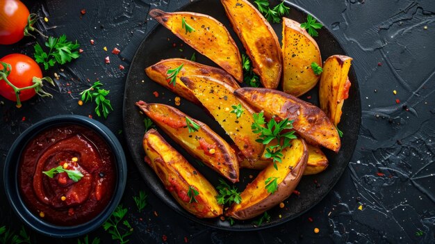 Foto cunhas de batata assadas com queijo e ervas e molho de tomate em um fundo escuro caseiro vegano orgânico vegetariano cunhas de patata lanche