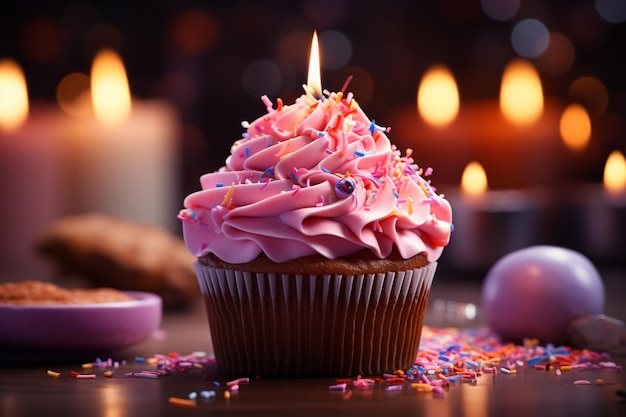 Cupcake à luz de velas colorido presente embrulhado em fita rosa uma celebração ardente da felicidade