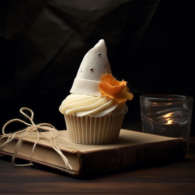 Foto cupcake ao lado de chapéu de papel