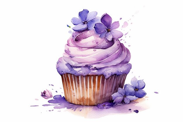 Cupcake aquarela com cobertura com sabor de lavanda e flores comestíveis em IA branca gerada