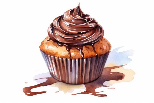 Cupcake aquarela com cobertura de chocolate com infusão de café expresso em fundo branco gerado por IA