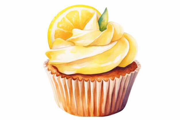 Cupcake aquarela com cobertura de limão e guarnição de fatia de limão em IA branca gerada