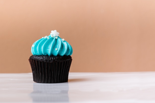 Cupcake bonito com creme de neve branca pequena azul sobre fundo branco