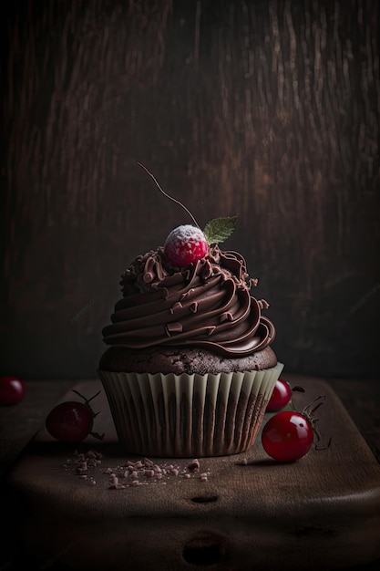 Cupcake de chocolate con frutos rojos sobre mesa de madera Ilustración AI Generativo