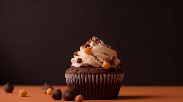 Un cupcake de chocolate con glaseado blanco y pepitas de chocolate encima.