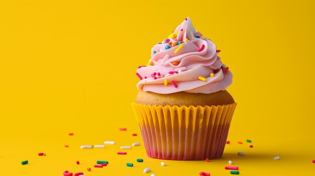 Foto cupcake colorido contra fundo amarelo