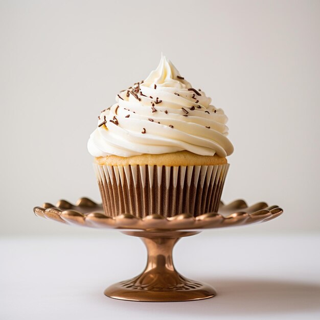 Cupcake com chantilly em suporte de bolo contra pano de fundo branco