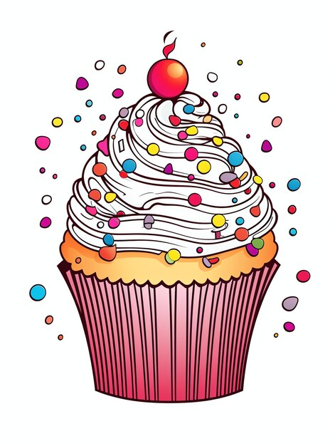 Foto cupcake com cobertura e salpicaduras saborosa sobremesa página de livro de colorir em preto e branco para adultos