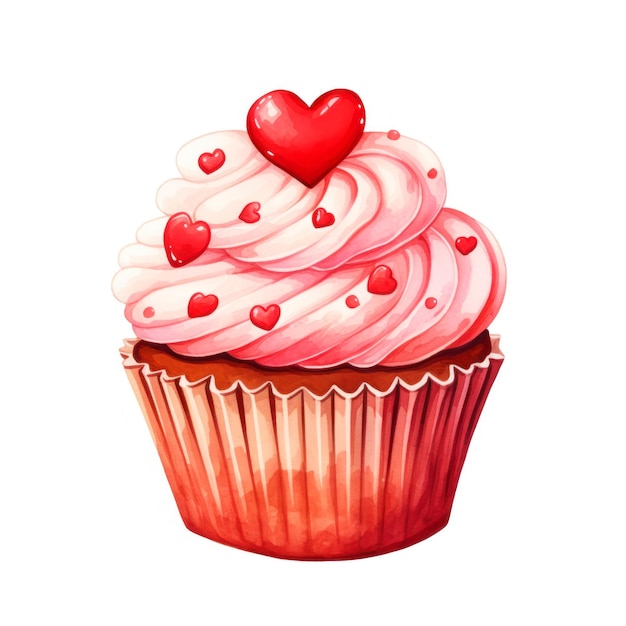 Cupcake com coração ilustração de ícone vetorial de desenho animado aquarela isolada em fundo branco