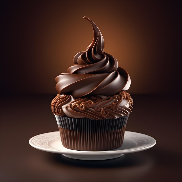 Cupcake com creme de chocolate em um prato renderização 3D