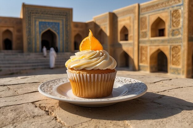 Cupcake com creme e laranja no fundo da antiga cidade de Yazd, Irã