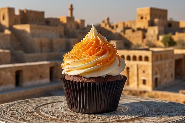 Cupcake com creme e laranja no fundo da antiga cidade de Yazd, Irã
