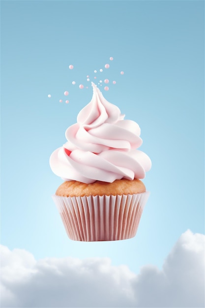 Cupcake com creme e salpicaduras em cima Levitando cupcake fundo do céu azul com nuvens