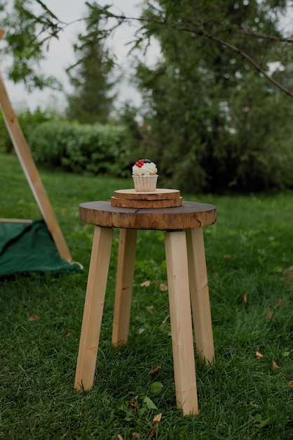 Cupcake com frutas em uma mesa de madeira em um parque de verão