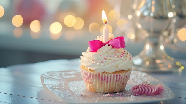 Cupcake com laço e vela cartão de aniversário feliz cartão de saudação de feriados IA generativa