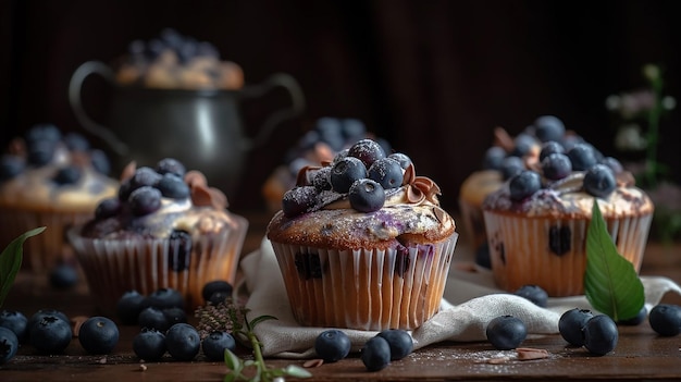 Cupcake com mirtilos em cima da mesa fundo preto