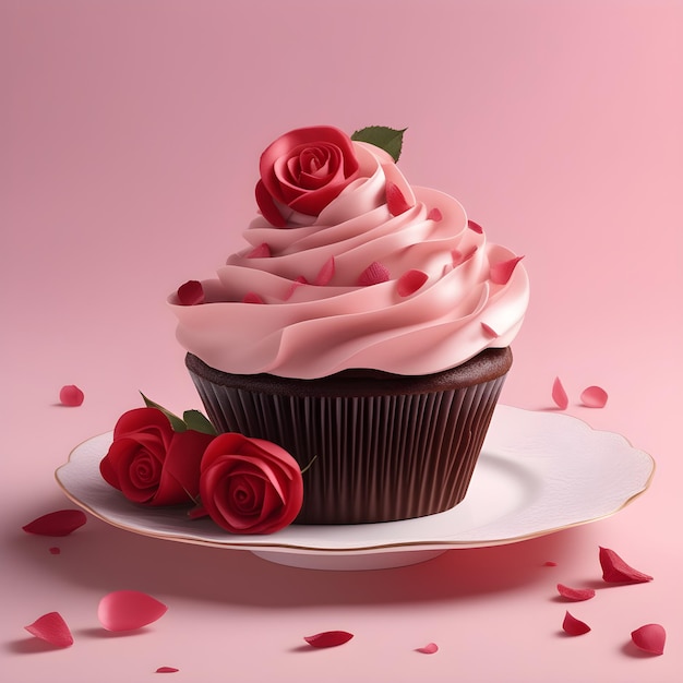 Cupcake com rosas em um fundo rosa renderização 3D