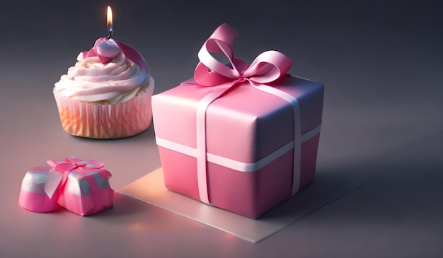 Cupcake com vela de aniversário e caixa de presente AI Generative