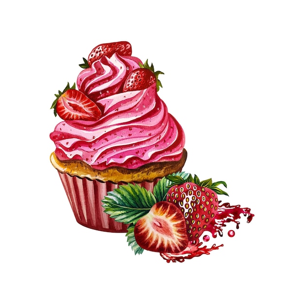 Cupcake con crema y fresas Ilustración acuarela Aislar