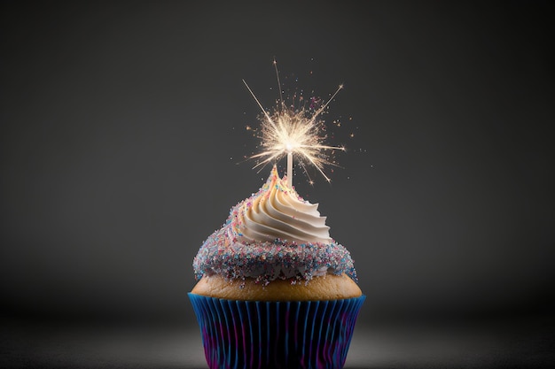 Cupcake cubierto con una bengala y chispitas de colores