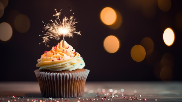 Cupcake de cumpleaños con bengala de celebración y chispas para una fiesta de cumpleaños Creado con tecnología de IA generativa
