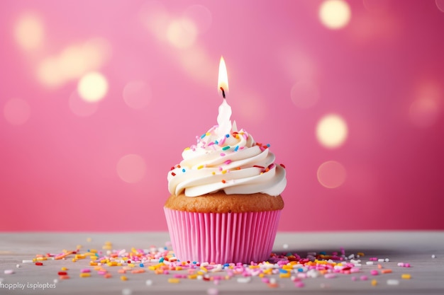 Cupcake De Cumpleaños Con Vela Y Decoración Rosa