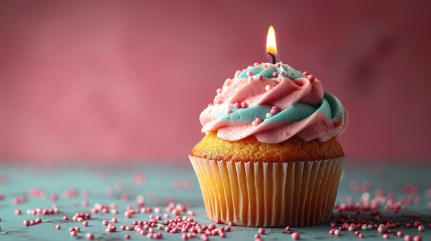 Cupcake de cumpleaños con vela encendida y chispitas rosas