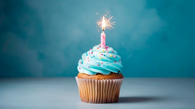 Cupcake de cumpleaños con velas encendidas sobre fondo azul closeup AI generativa