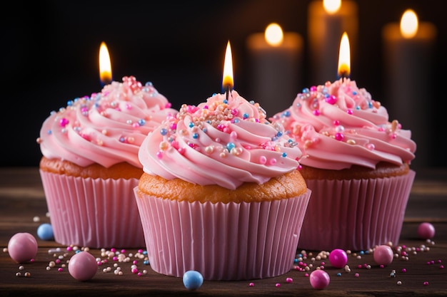 Cupcake de aniversário brilhante velas vibrantes fita rosa presente festivo e emocionante
