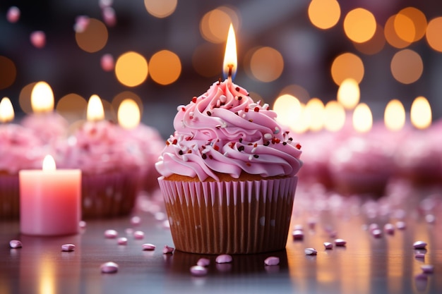 Cupcake de aniversário brilhante velas vibrantes fita rosa presente festivo e emocionante