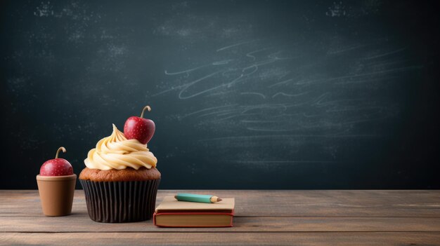 Cupcake de aniversário com cereja em cima no fundo do quadro-negro da escola Criado com tecnologia Generative AI