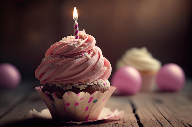 Cupcake de aniversário com ilustração de vela IA generativa