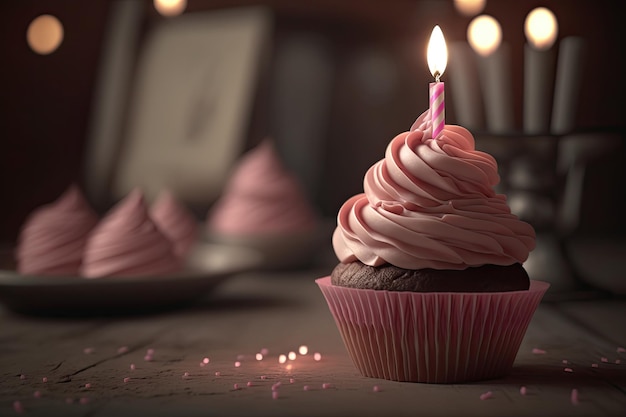 Cupcake de aniversário com ilustração de vela IA generativa