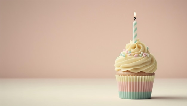 Cupcake de aniversário com uma vela com espaço para texto