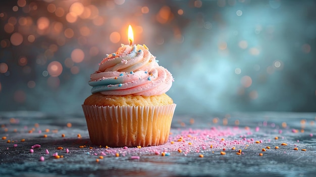 Cupcake de aniversário com vela acesa e granulado rosa