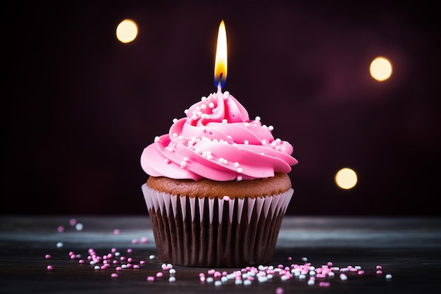 Cupcake de aniversário com vela e decoração rosa