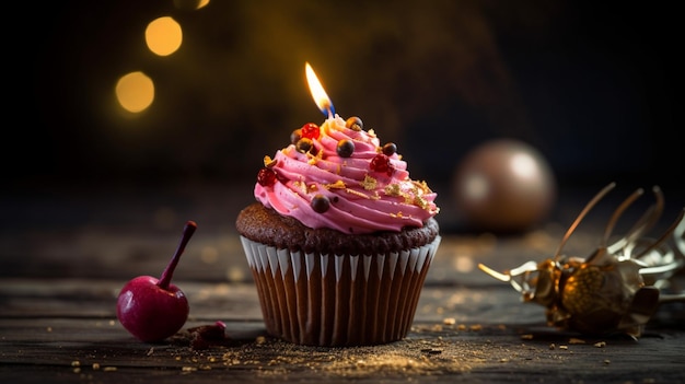 Cupcake de aniversário com vela e decoração rosa