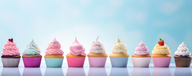 Cupcake de aniversário em fundo pastel para celebração panorama Generative Ai