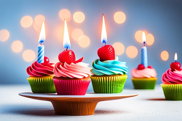 Cupcake de aniversário fresco com velas acesas em pano de fundo branco