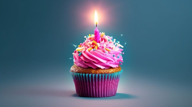 Cupcake de aniversário rosa com vela acesa no meio IA generativa