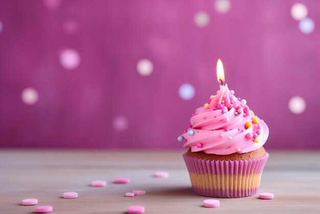 Cupcake de aniversário tentador com vela em fundo vibrante Criado com ferramentas generativas de IA