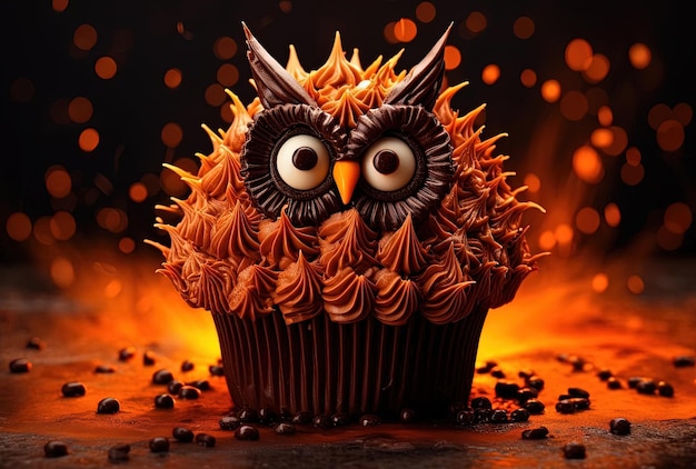 cupcake de chocolate com cara de coruja aparecendo através da cobertura no estilo de sonho