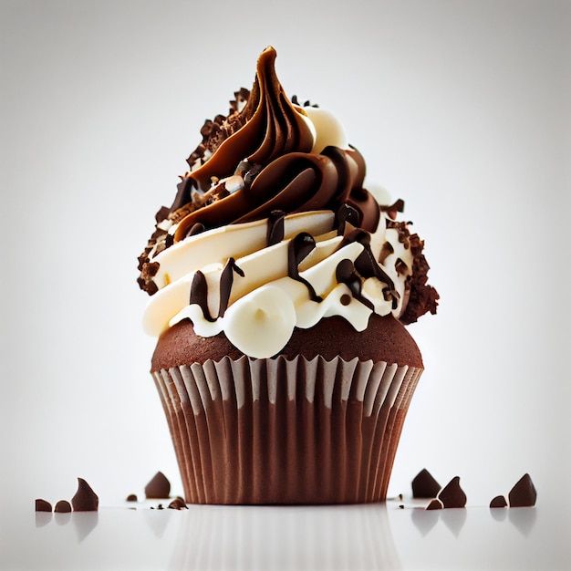 Cupcake de chocolate com cobertura branca e gotas de chocolate generative ai